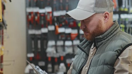 Bearded Man Choosing Product at Hardware Store