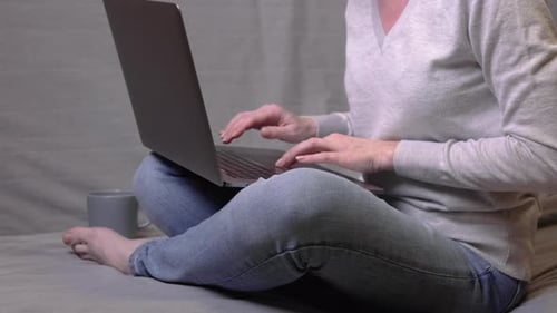 Young Adult Woman Working Online From Home Office Using Laptop Sit on Sofa
