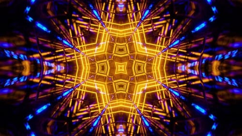 Flying in a tunnel with flashing yellow fluorescent lights. Kaleidoscope Infinitely looped animation