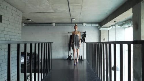 Stylish Woman Walking in Silver Dress Indoors