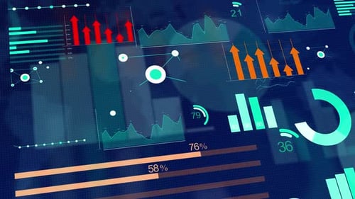 Business data stock market showing pie charts, numbers and graphs.