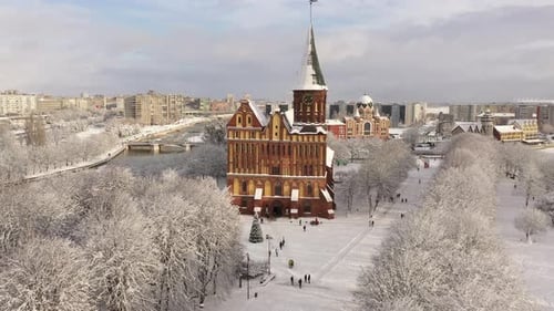 Aerial: The Cathedral of Kaliningrad in the wintertime