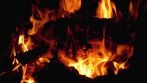 Lagerfeuer. Lagerfeuer aus Ästen brennt nachts.