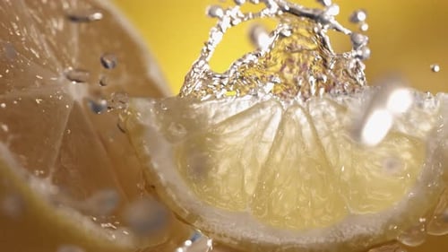 Zeitlupenaufnahme von Zitrone und Wasser, das durch Zitronenscheiben spritzt