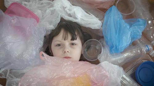 Child in plastic trash.
