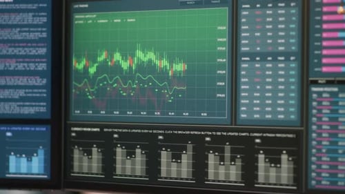 Stock market data and charts on computer screens