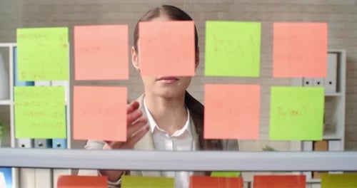 Business Woman Reviews Sticky Notes on Planning Board