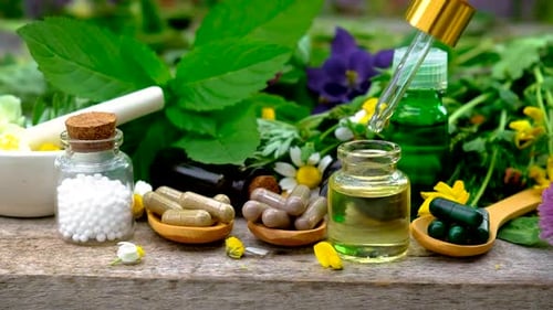 Alternative Medicine with Herbs and Liquids