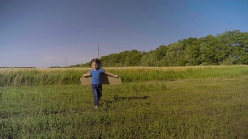 Little Girl Child Running On The Field With Wings Behind Back