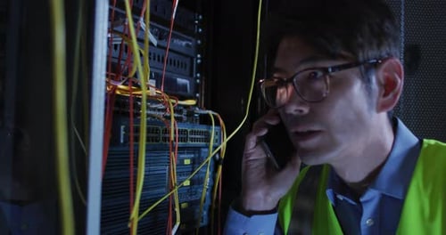 Young Man Speaks on Phone Near Computer Servers