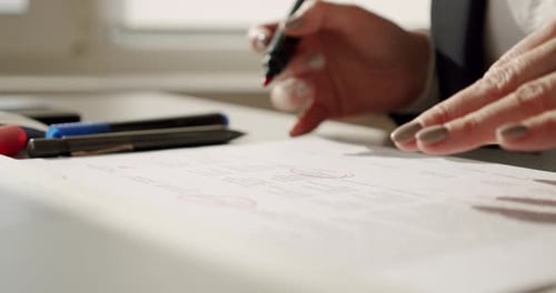 Businesswoman Accountant Hand Holding Pen Works Documents Business Data Accountancy Document Office