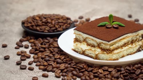 Close Up of Tiramisu and Coffee Beans