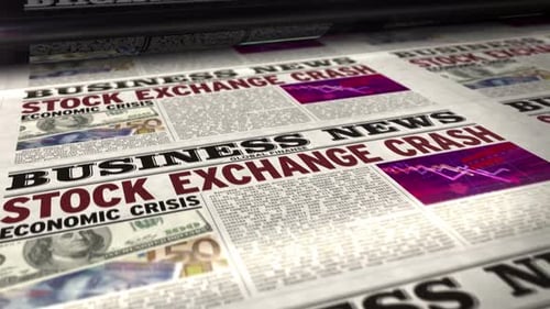 Business review newspapers with stock exchange crash printing loopable