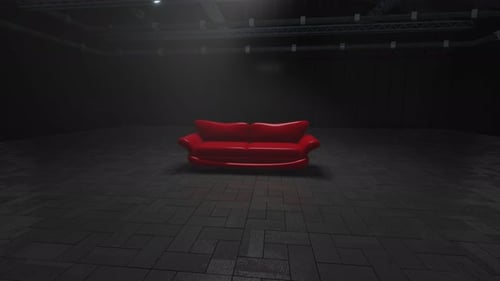 3D rendered animation of shiny red leather sofa in dark room