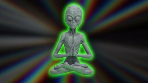 Meditating Alien Figure with Glowing Aura in Abstract Space
