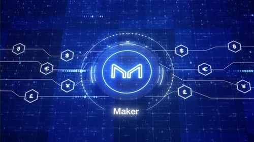 Maker animated logo. Makercryptocurrency logo. MKR intro in digital world. Animation of maker crypto