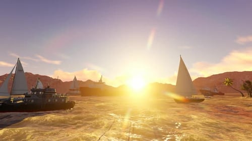 3D Animated Sunset Seascape with Boats and Waves