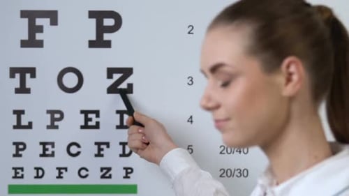 Eye Doctor Points to Chart During Exam