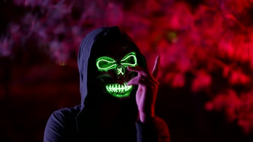 Undead or Spirit of Death is Beckoning in Night Person in Halloween Suit with Skull Mask