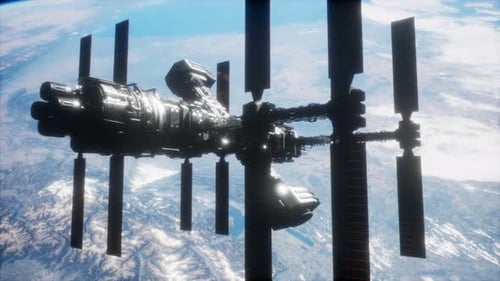 A View of the Earth and a Spaceship. ISS Is Orbiting the Earth