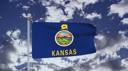 Waving Kansas State Flag Against Blue Sky