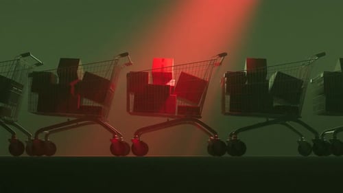 Animation of the line of carts full of packages.Concept of shopping and shipping