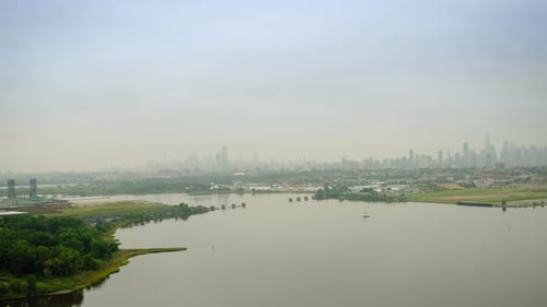 View of New York From a Helicopter Flying Over the Suburbs