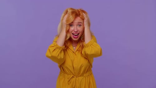 Expressive Woman Reacts with Surprise and Joy