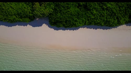 Aerial landscape of perfect seashore beach voyage by blue ocean with white sandy background of a day