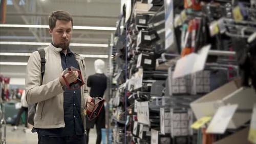 Adult Man is Examining a Hand Sports Simulator for Training in a Sport Store
