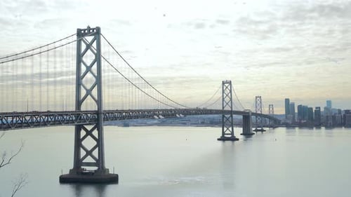 Famous Bay Bridge and San Francisco skyscrapers