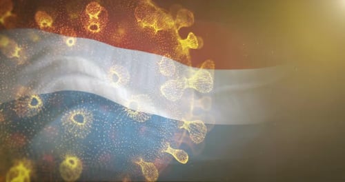 Netherlands Flag Waving with Abstract Digital Virus Cells