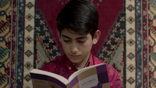Focused Boy Reading a Book Indoors
