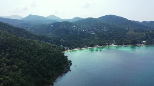 tropical island, sea bay and lagoon. Tropical landscape hills, clouds and mountain with rainforest.