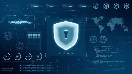 Blue digital 3D shield logo with head up display background network security concept