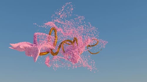 Fluid of pink particles collide with the word LOVE that is drawn with gold texture