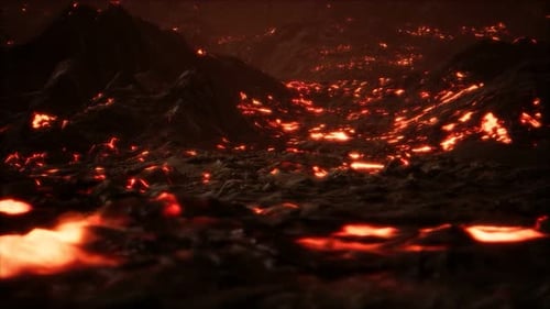 Rot-orange lebendige geschmolzene Lava fließt auf graues Lavafeld und glänzendes felsiges Land