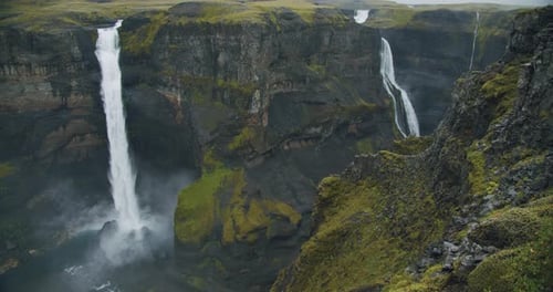 Dramatic Landscape of Haifoss Waterfall in Landmannalaugar Canyon Iceland