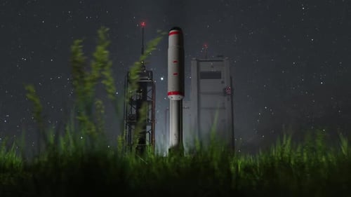 low-angle view of the camera around the space station and the rocket.