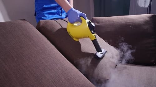 Person Steams Brown Couch Cushion Indoors