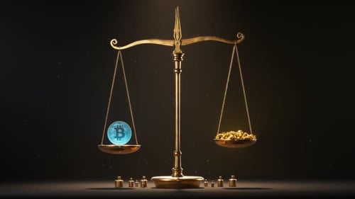 Antique Jewelry scale with gold nuggets and Bitcoin .Balance, wealth, crypto