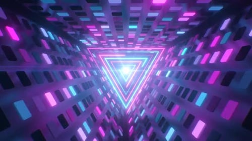 Retro Futuristic Neon Tunnel of Flashing Lights and Glowing Triangle