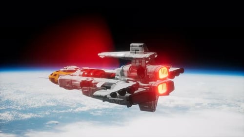 Futuristic Spaceship Orbiting Earth in Space Animation