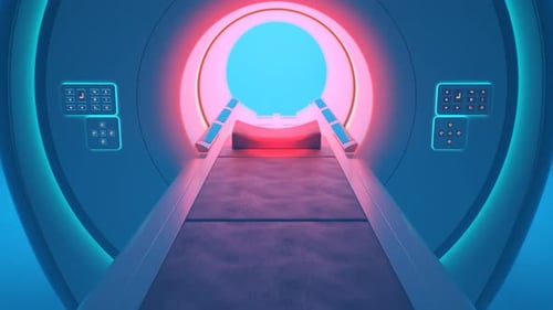 MRI scanner in empty clean room. Blue and red LED lighting. Diagnosis, radiology