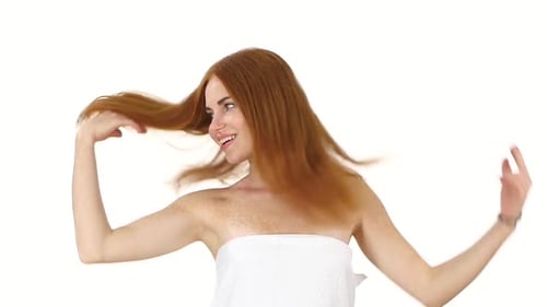 Redhead Woman in Towel. Wave of Hair. Slow Motion, Close Up, Bathroom