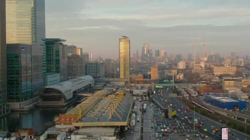 Cityscape with traffic on highway at sunset, London, UK