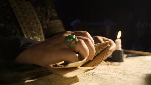 Hands Opening Vintage Letter on Map Under Candlelight