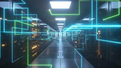 Futuristic Server Room with Glowing Data Network Animation