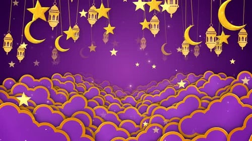 Golden Stars and Lanterns on Purple Background Loop
