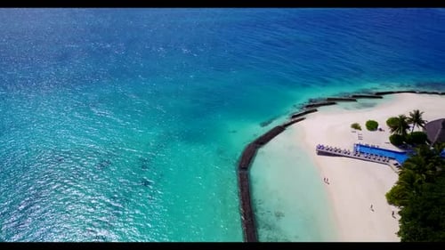 Aerial above nature of idyllic seashore beach vacation by clear lagoon and white sand background of